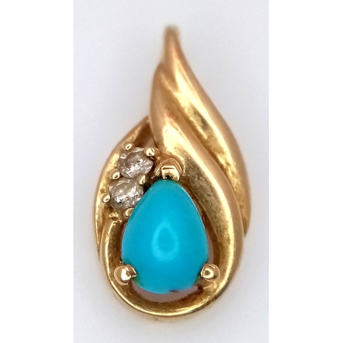531 - A 14K Gold (tests as) Turquoise and Diamond Pendant. 15mm. 1.2g total weight.