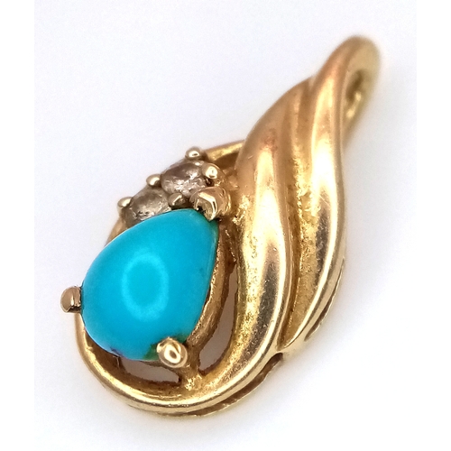 531 - A 14K Gold (tests as) Turquoise and Diamond Pendant. 15mm. 1.2g total weight.