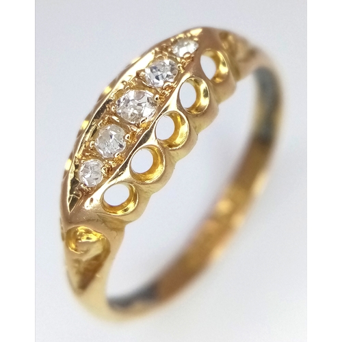1362 - AN 18K YELLOW GOLD ANTIQUE OLD CUT 5 STONE DIAMOND RING. 2.5G. SIZE M 1/2. HALMARKED CHESTER 1912. S... 