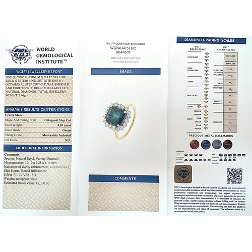 1298 - A W.G.I Certified 18K Yellow Gold, 950 Platinum, Emerald and Diamond Ring. An octagonal cut 4.05ct e... 
