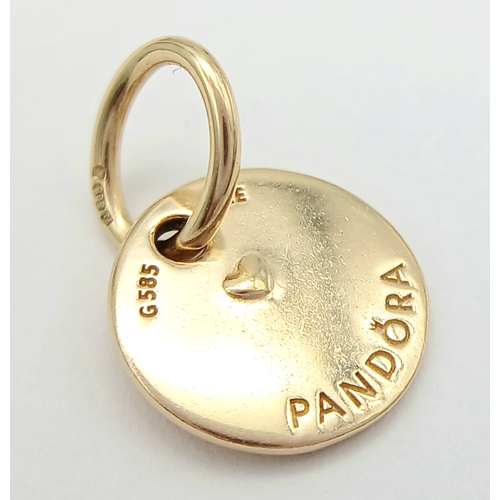 1672 - A PANDORA 14K YELLOW GOLD PEACE, LOVE AND LUCK CHARM. 1.5G. R9916.