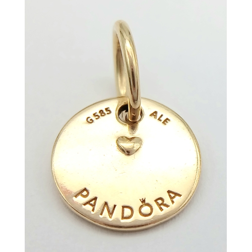 1672 - A PANDORA 14K YELLOW GOLD PEACE, LOVE AND LUCK CHARM. 1.5G. R9916.