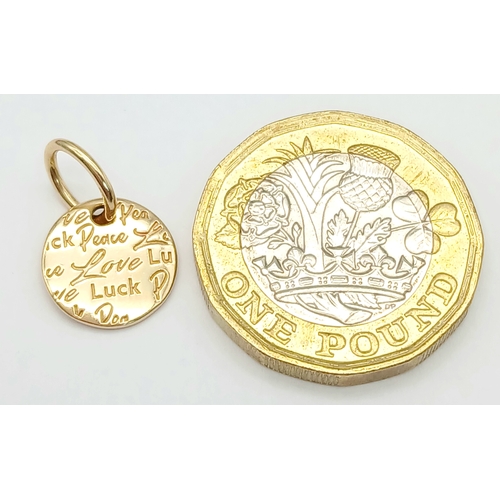 1672 - A PANDORA 14K YELLOW GOLD PEACE, LOVE AND LUCK CHARM. 1.5G. R9916.
