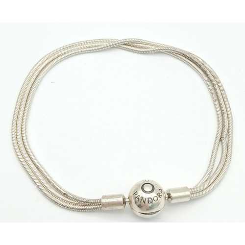 1700 - A PANDORA STERLING SILVER MULTI STRAND BRACELET. 17CM. 10G.