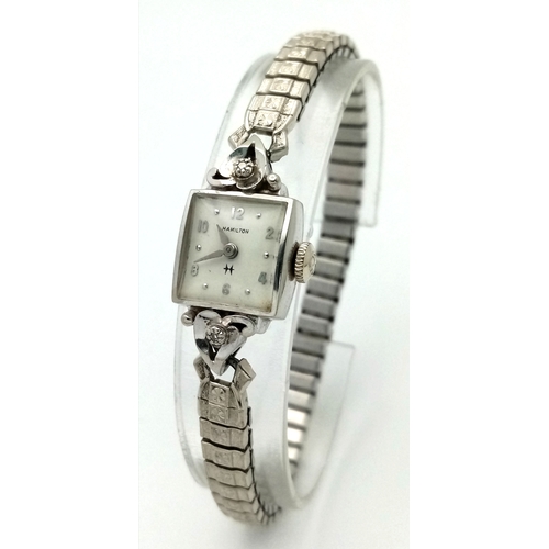 1564 - A Vintage Hamilton 10K Gold Ladies Watch. Expandable bracelet. 10k white gold square case - 15mm. Wh... 
