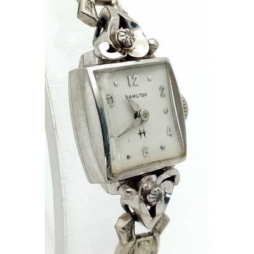 1564 - A Vintage Hamilton 10K Gold Ladies Watch. Expandable bracelet. 10k white gold square case - 15mm. Wh... 