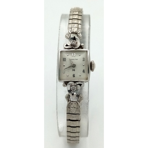 1564 - A Vintage Hamilton 10K Gold Ladies Watch. Expandable bracelet. 10k white gold square case - 15mm. Wh... 