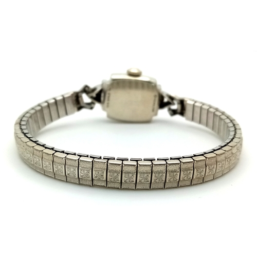 1564 - A Vintage Hamilton 10K Gold Ladies Watch. Expandable bracelet. 10k white gold square case - 15mm. Wh... 