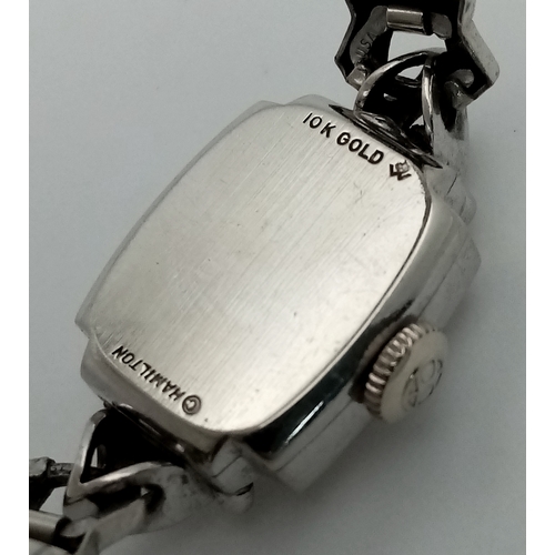 1564 - A Vintage Hamilton 10K Gold Ladies Watch. Expandable bracelet. 10k white gold square case - 15mm. Wh... 