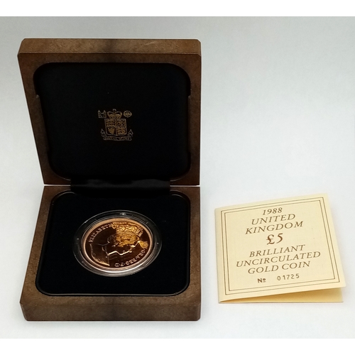 360 - A Royal Mint 1988 United Kingdom £5 Brilliant Uncirculated Gold Coin. 22K gold. 39.94g. Limited edit... 