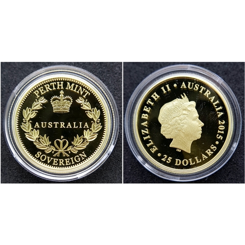 A Perth Mint 2015 Australian, Queen Elizabeth II Proof Gold Sovereign COIN. 22k gold. 7.98g. Only 1500 minted. Comes with a certificate of authenticity and presentation case. In excellent condition. A wonderful coin collectible or gift to hand down to loved ones.