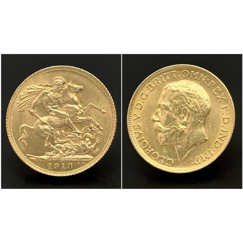 1275 - A 1913 Edward VII Full Sovereign Coin. 22K Gold. EF.
