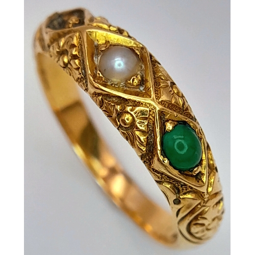 1628 - An Antique 18K Yellow Gold Jade and Pearl Ring. One stone is missing. Size L. 3.55g.