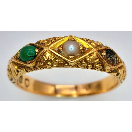 1628 - An Antique 18K Yellow Gold Jade and Pearl Ring. One stone is missing. Size L. 3.55g.