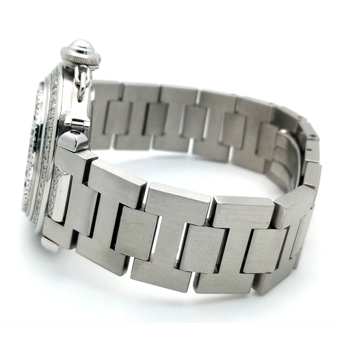 4 - A FABULOUS CARTIER 'Pasha De Cartier' Diamond Automatic Ladies Watch. Stainless steel bracelet and c... 