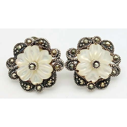 567 - Genuine Pair of ‘HOBBS’  SILVER MARCASITE EARRINGS. Having mother-of-pearl floral detail. complete w... 
