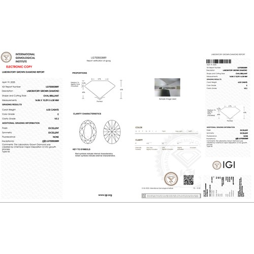 948 - A 6.03ct Oval Brilliant Cut Lab-Grown Diamond. Colour E, clarity VS2. IGI certified. Cert no: LG7005... 