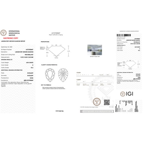1457 - A 4.05ct Pear Shape Cut Lab-Grown Diamond. Colour D, clarity VS2. IGI certified. Cert no:  LG7375056... 