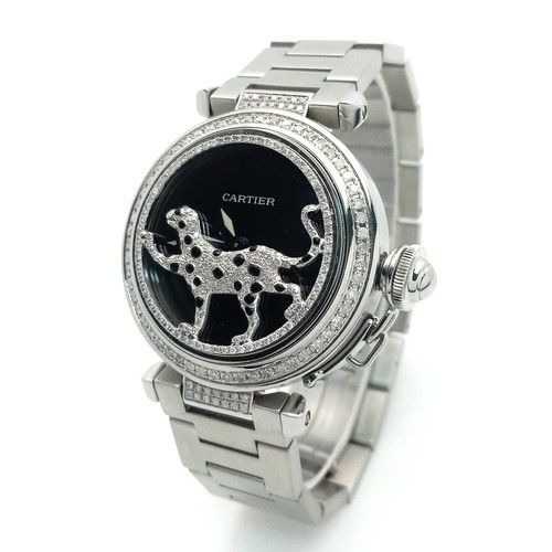 4 - A FABULOUS CARTIER 'Pasha De Cartier' Diamond Automatic Ladies Watch. Stainless steel bracelet and c... 