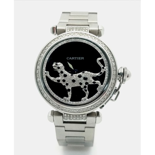 4 - A FABULOUS CARTIER 'Pasha De Cartier' Diamond Automatic Ladies Watch. Stainless steel bracelet and c... 