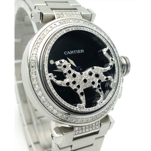 4 - A FABULOUS CARTIER 'Pasha De Cartier' Diamond Automatic Ladies Watch. Stainless steel bracelet and c... 
