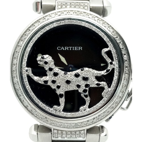 4 - A FABULOUS CARTIER 'Pasha De Cartier' Diamond Automatic Ladies Watch. Stainless steel bracelet and c... 