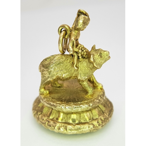 1157 - A Wonderful, Magical, Antique 9K Gold Bacchus and Bear Bloodstone Fob Pendant. 3.5cm. Bloodstone dis... 