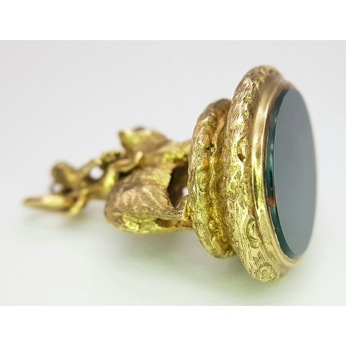 1157 - A Wonderful, Magical, Antique 9K Gold Bacchus and Bear Bloodstone Fob Pendant. 3.5cm. Bloodstone dis... 