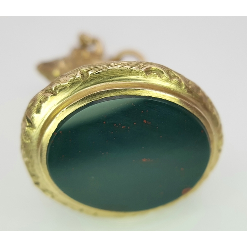 1157 - A Wonderful, Magical, Antique 9K Gold Bacchus and Bear Bloodstone Fob Pendant. 3.5cm. Bloodstone dis... 