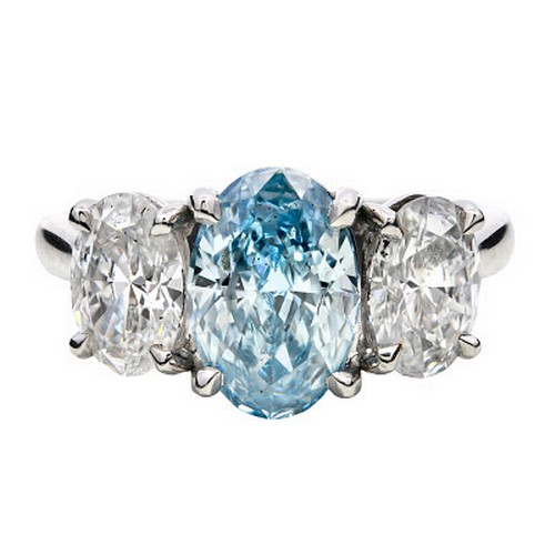 1229 - A Lab-Grown Three Stone Diamond Ring set in Platinum. Stone 1 - 1.82ct blue diamond, VS2. Stone 2 an... 
