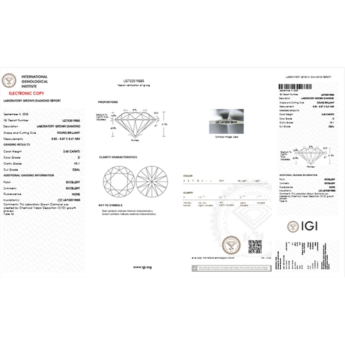 1054 - A 2.6ct Round Brilliant Cut Lab-Grown Diamond. Colour D, clarity VS1. IGI certified. Cert no: LG7325... 