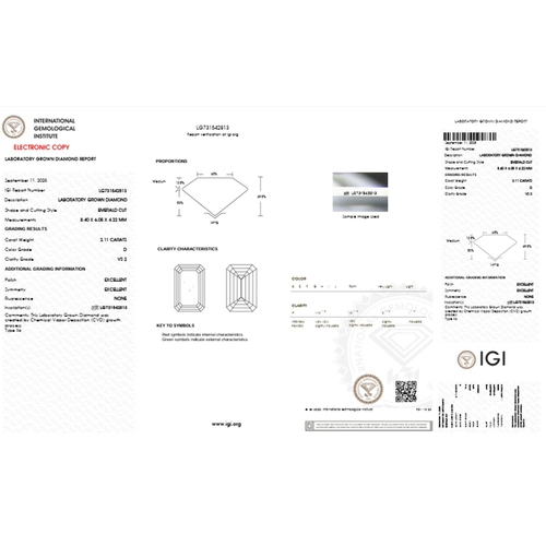 1766 - A 2.11ct Emerald Cut Lab-Grown Diamond. Colour D, clarity VS2. IGI certified. Cert no: LG731542813. ... 