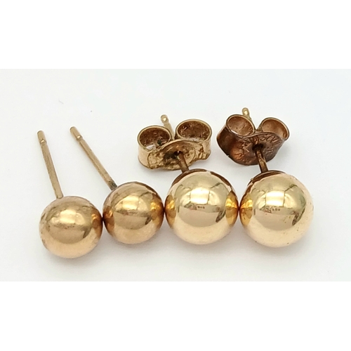 1081 - Two 9K Gold Pairs of Ball Stud Earrings - One pair missing backs. 0.75g.