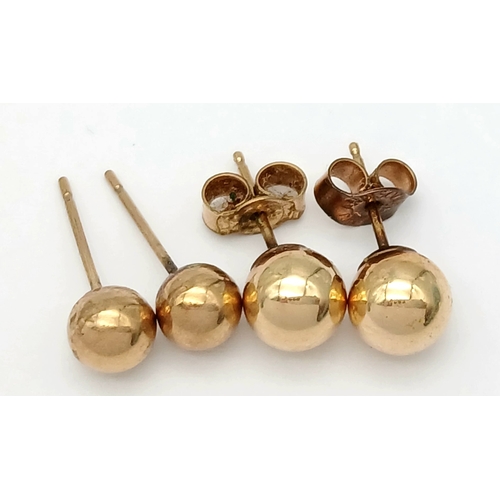 1081 - Two 9K Gold Pairs of Ball Stud Earrings - One pair missing backs. 0.75g.
