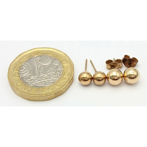 1081 - Two 9K Gold Pairs of Ball Stud Earrings - One pair missing backs. 0.75g.