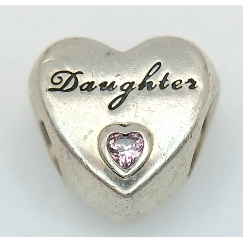 1127 - A PANDORA STERLING SILVER HEART STONE SET DAUGHTER CHARM 3.7G. Ref: SC 7099