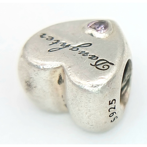 1127 - A PANDORA STERLING SILVER HEART STONE SET DAUGHTER CHARM 3.7G. Ref: SC 7099