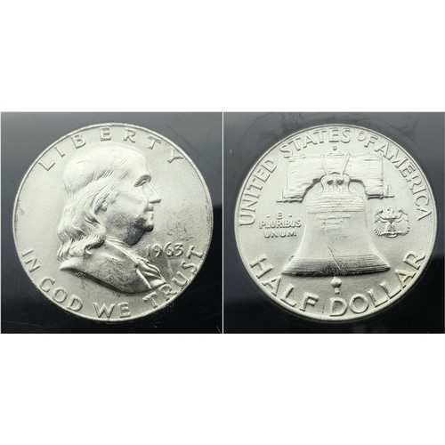 1212 - A Guaranteed Genuine, Slabbed and Uncirculated, 1963 Franklin Half Dollar COIN. 90% Silver.