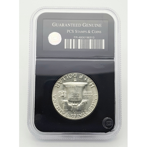 1212 - A Guaranteed Genuine, Slabbed and Uncirculated, 1963 Franklin Half Dollar COIN. 90% Silver.