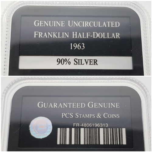 1212 - A Guaranteed Genuine, Slabbed and Uncirculated, 1963 Franklin Half Dollar COIN. 90% Silver.