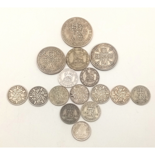 947 - A Parcel of Sixteen Pre-1947 Silver Coins Comprising: 1) 1933 George V Half Crown, 2) Two George V F... 