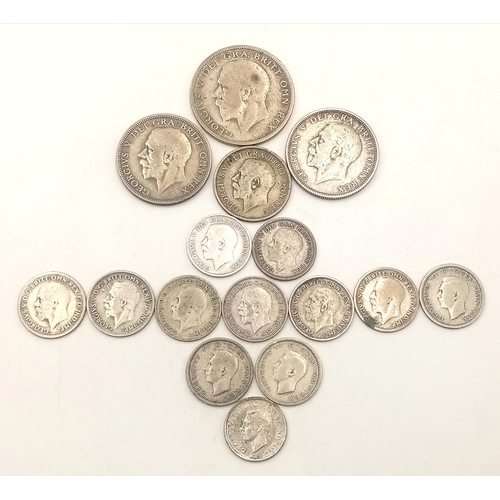 947 - A Parcel of Sixteen Pre-1947 Silver Coins Comprising: 1) 1933 George V Half Crown, 2) Two George V F... 