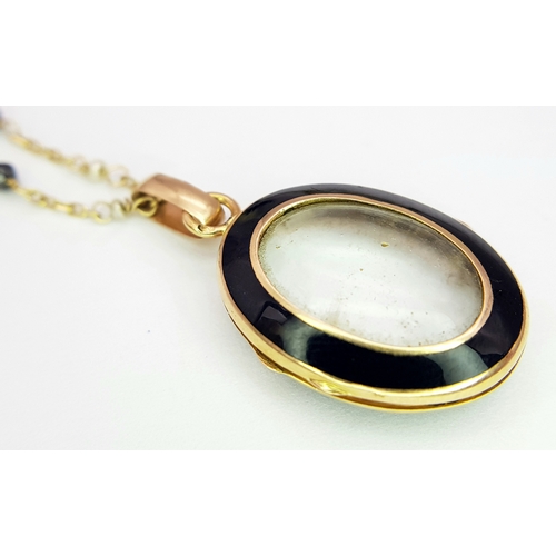 1791 - An 18K Gold, Black Onyx Oval Locket on an 18K Black diamond and Pearl Necklace. 3cm and 66cm. 5.4g t... 