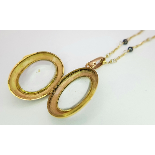 1791 - An 18K Gold, Black Onyx Oval Locket on an 18K Black diamond and Pearl Necklace. 3cm and 66cm. 5.4g t... 