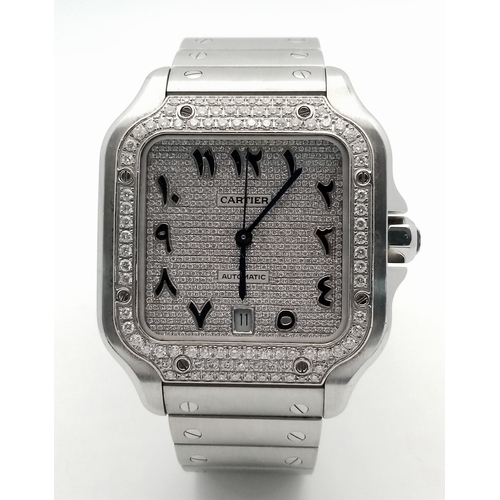 1828 - A Cartier Santos Diamond Encrusted Automatic Gents Watch. Model 4072. Stainless steel bracelet and c... 
