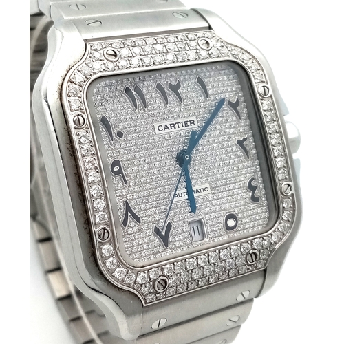 1828 - A Cartier Santos Diamond Encrusted Automatic Gents Watch. Model 4072. Stainless steel bracelet and c... 