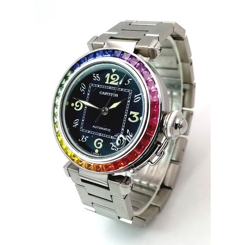 1866 - A Pasha De Cartier Multi Gem-Set Automatic Ladies Watch. Stainless steel bracelet and case - 36mm. B... 