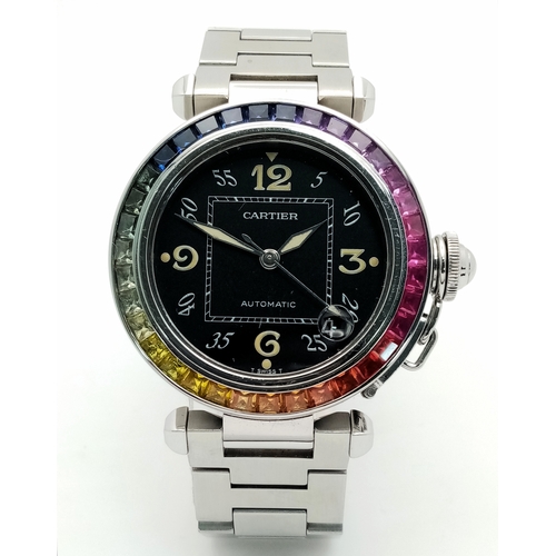 1866 - A Pasha De Cartier Multi Gem-Set Automatic Ladies Watch. Stainless steel bracelet and case - 36mm. B... 