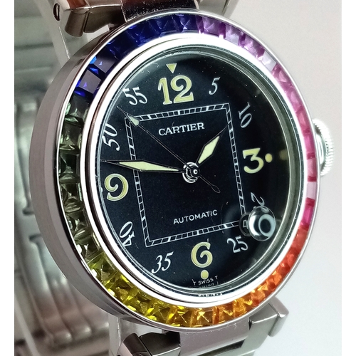 1866 - A Pasha De Cartier Multi Gem-Set Automatic Ladies Watch. Stainless steel bracelet and case - 36mm. B... 
