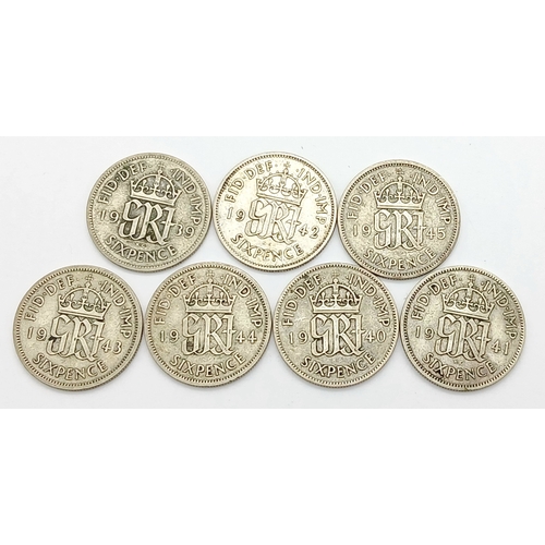 933 - A Consecutive Run Set of Very Fine Condition WW2 Dates (Pre-1947 Silver) Silver Six Pences coins- Da... 